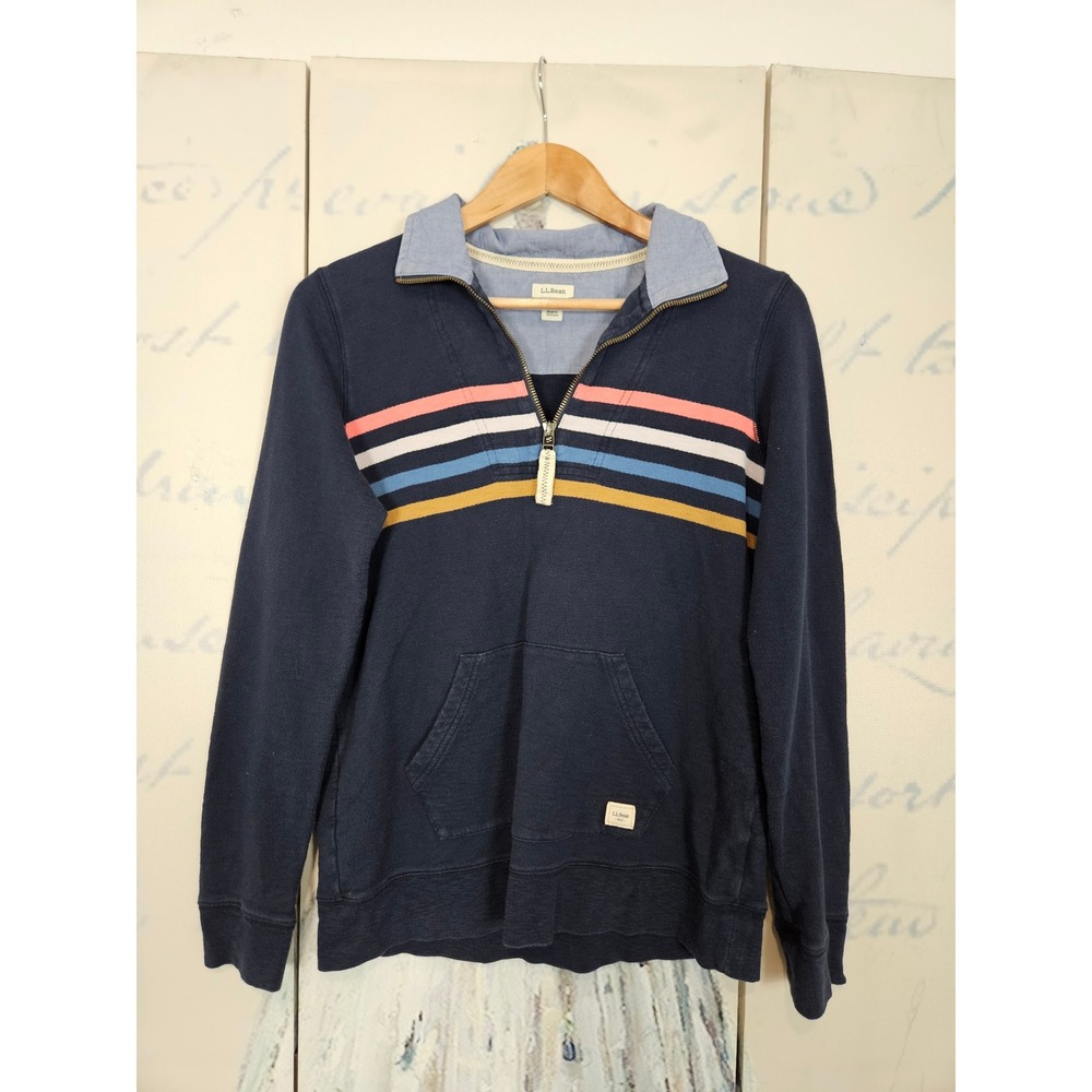 LL Bean Quarter Zip Pullover XS Navy Multi Stripe Organic Cotton Gorpcore Preppy